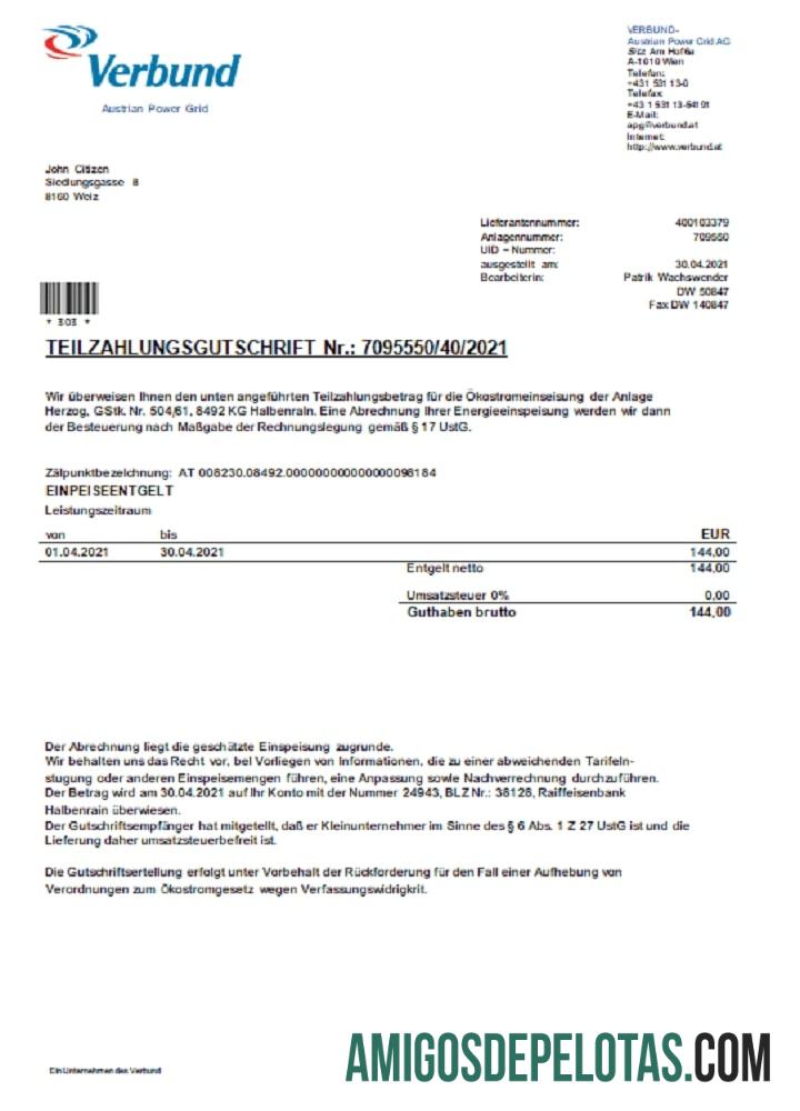 Áustria Verbund Projeto de lei de serviços públicos da rede elétrica austríaca baixar para verificação